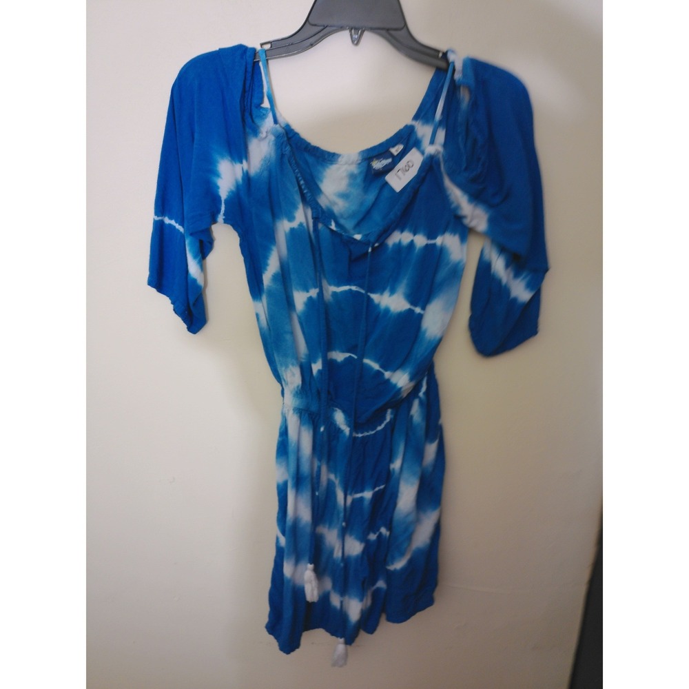 Salty Waves Romper Womens M/L Blue Tie Dye Tassel Off Shoulder Coastal Boho